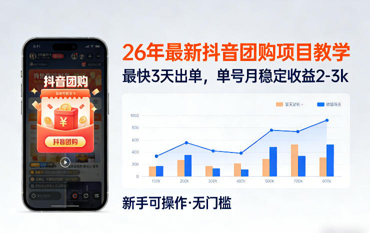 26年最新抖音团购项目教学，0门槛，最快3天出单，单号月稳定收益2-3k-选优云网创