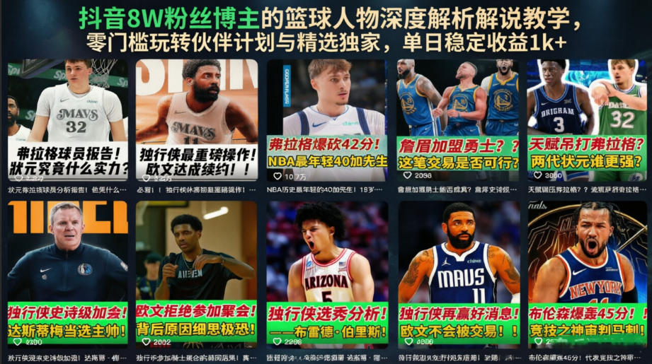 抖音8W粉丝博主的篮球人物深度解析解说教学,零门槛玩转伙伴计划与精选独家,单日稳定收益1k+-选优云网创