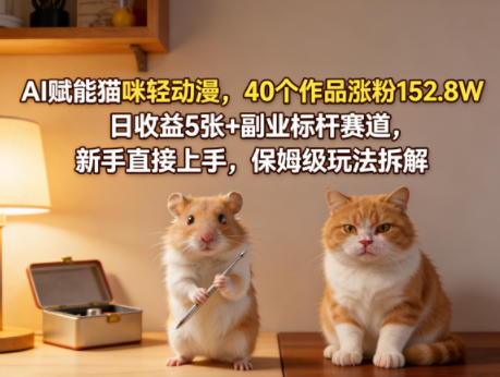 AI赋能猫咪轻动漫，40个作品涨粉152.8W，日收益5张+副业标杆赛道，新手直接上手，保姆级玩法拆解-选优云网创
