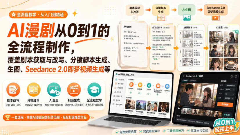 AI漫剧从0到1的全流程制作，覆盖剧本获取与改写、分镜脚本生成、角色场景生图与三视图、Seedance 2.0即梦视频生成(PDF版)-选优云网创