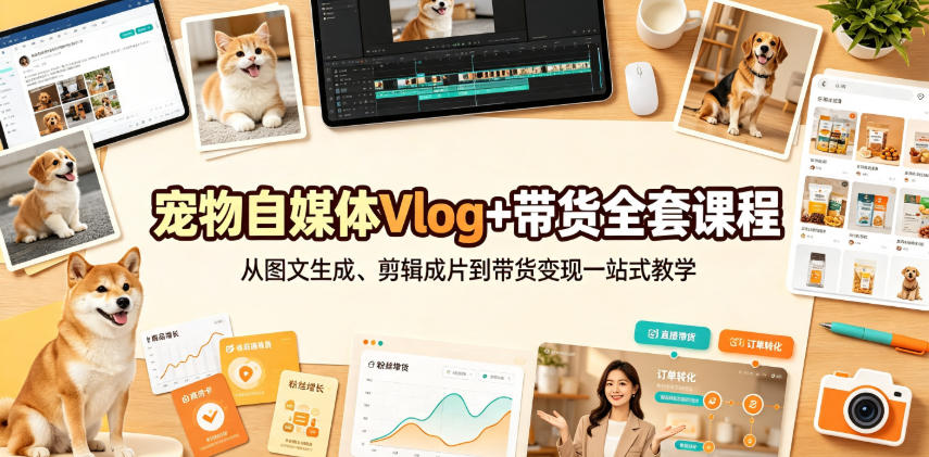 宠物自媒体Vlog+带货全套课程｜从图文生成、剪辑成片到带货变现一站式教学-选优云网创