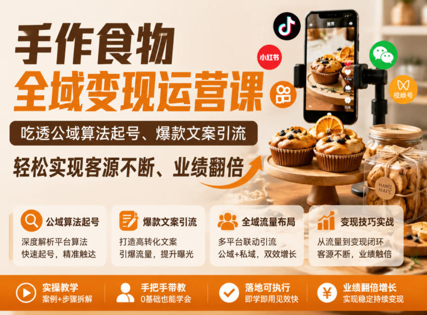 手作食物全域变现运营课，吃透公域算法起号、爆款文案引流，轻松实现客源不断、业绩翻倍-选优云网创