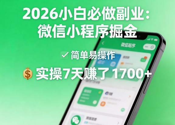 2026小白必做副业:微信小程序掘金,简单易操作,实操7天賺了1700+【揭秘】-选优云网创