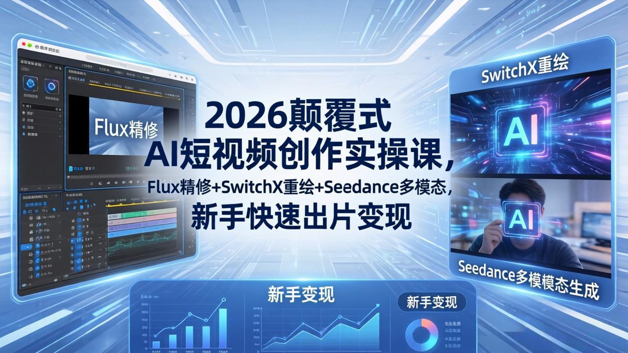 2026颠覆式 AI短视频创作课-5月更新，Flux精修+SwitchX重绘+Seedance多模态，新手快速出片变现-选优云网创