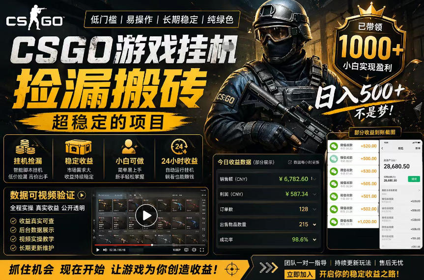 CSGO游戏搬砖，全自动挂G，不需要玩游戏，手机操作日入300+，解放双手【揭秘】-选优云网创