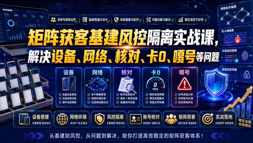 矩阵获客基建风控隔离实战课，解决设备、网络、核对、卡0、嘎号等问题-选优云网创
