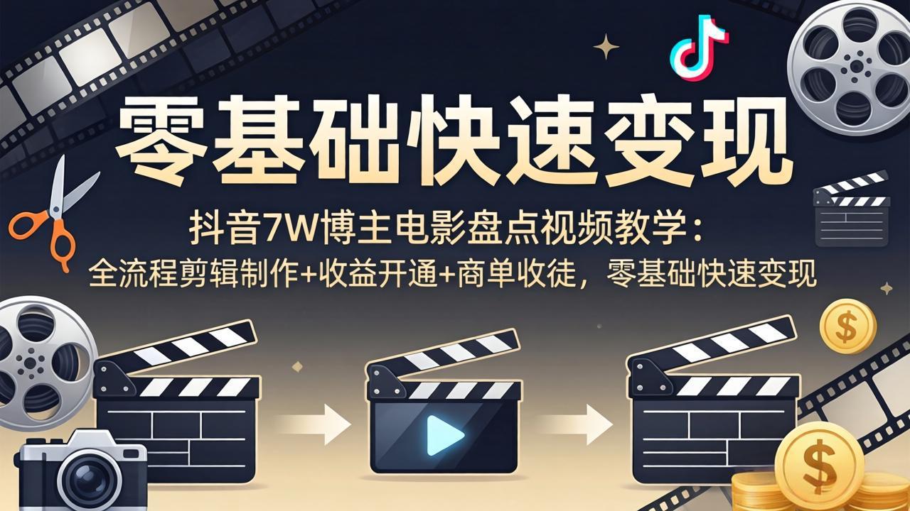 抖音7W博主电影盘点视频教学：全流程剪辑制作+收益开通+商单收徒，零基础快速变现-选优云网创