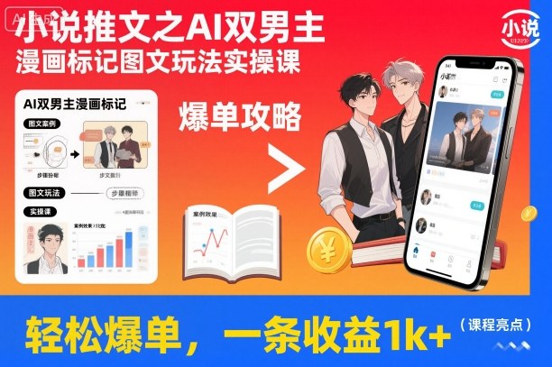 小说推文之AI双男主漫画标记图文玩法实操课，轻松爆单，一条收益1k+-选优云网创