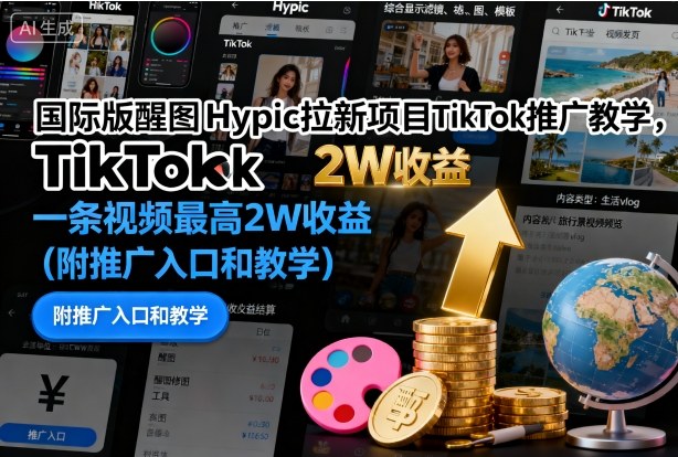 国际版醒图Hypic拉新项目TikTok推广教学，一条视频最高2W收益(附推广入口和教学)-选优云网创