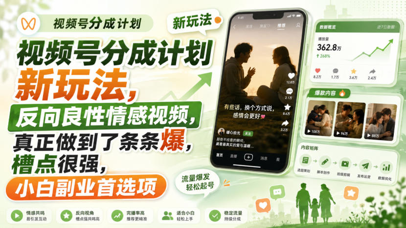 视频号分成计划新玩法,反向良性情感视频,真正做到了条条爆,槽点很强,小白副业首选项-选优云网创
