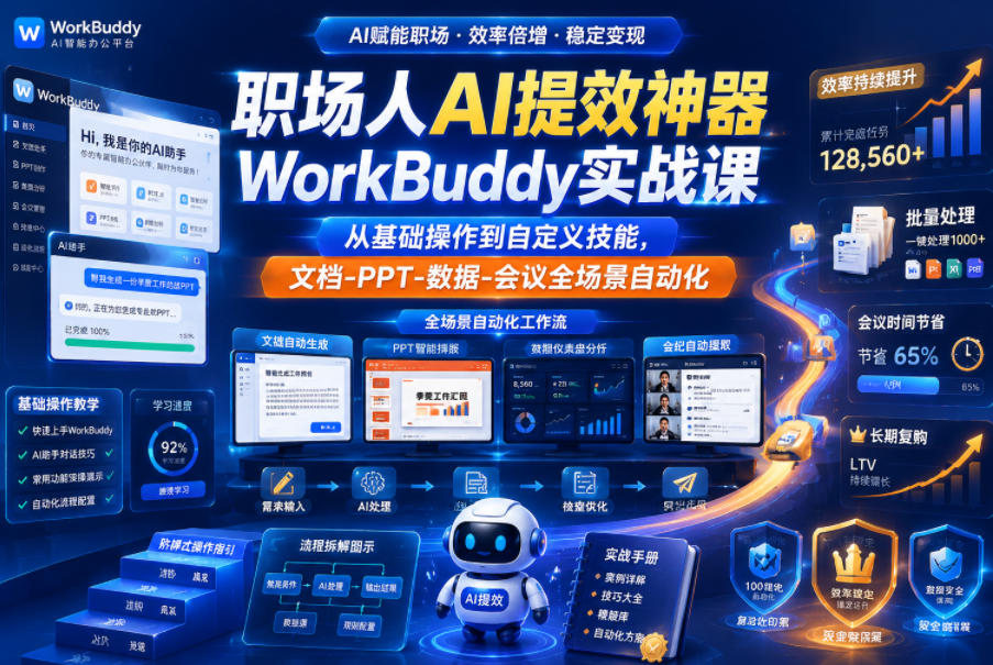 职场人AI提效神器WorkBuddy实战课，从基础操作到自定义技能，文档-PPT-数据-会议全场景自动化-选优云网创