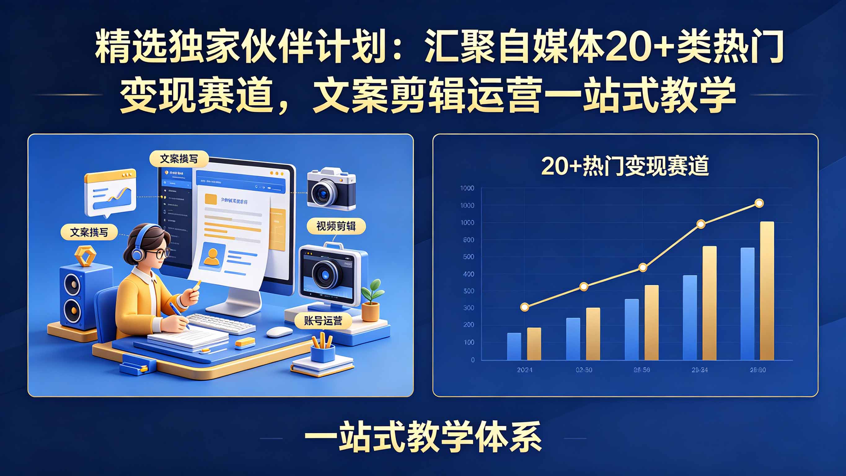 精选独家伙伴计划：汇聚自媒体20+类热门变现赛道，文案剪辑运营一站式教学-选优云网创