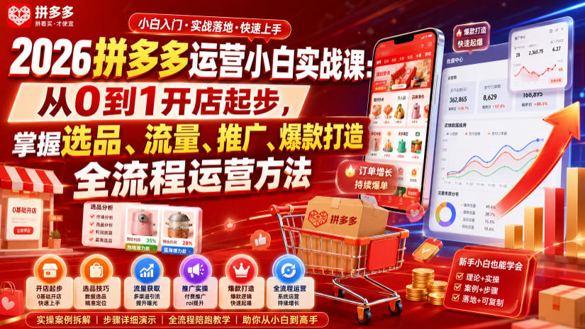 2026拼多多运营小白实战课：从0到1开店起步，掌握选品、流量、推广、爆款打造全流程运营方法-选优云网创