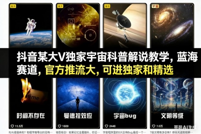 抖音某大V独家宇宙科普解说教学，蓝海赛道，官方推流大，可进独家和精选-选优云网创