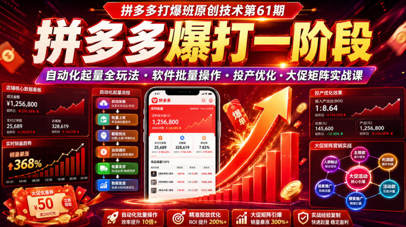拼多多打爆班原创技术第61期，拼多多爆打一阶段，自动化起量全玩法・软件批量操作・投产优化・大促矩阵实战课-选优云网创