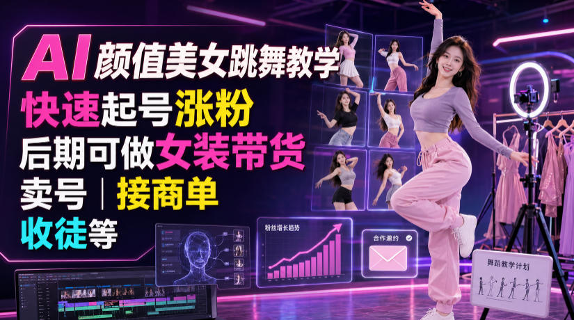 AI颜值美女跳舞教学，快速起号涨粉，后期可做女装带货，卖号，接商单，收徒等-选优云网创