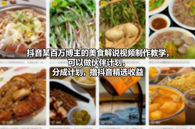 抖音某百万博主的美食解说视频制作教学，可以做伙伴计划，分成计划，撸抖音精选收益-选优云网创