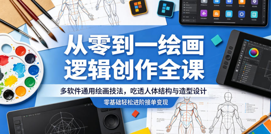 从零到一绘画逻辑创作全课，多软件通用绘画技法，吃透人体结构与造型设计，零基础轻松进阶接单变现-选优云网创