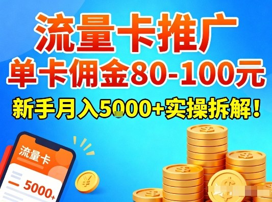 流量卡推广，单卡佣金80-100，新手月入5k+实操拆解！-选优云网创