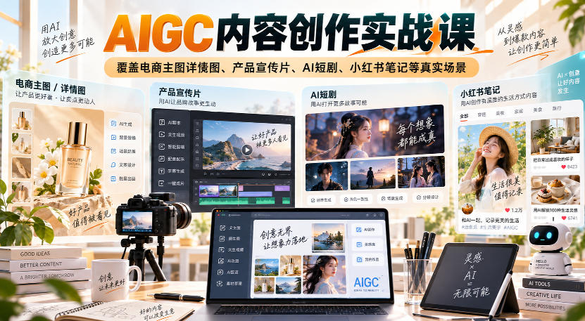 AIGC内容创作实战课，覆盖电商主图详情图、产品宣传片、AI短剧、小红书笔记等真实场景-选优云网创