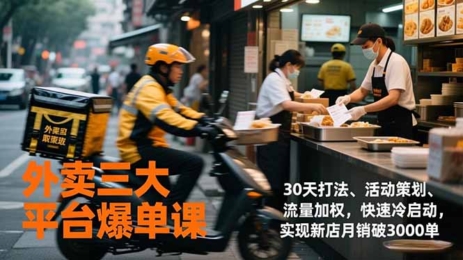 外卖三大平台爆单课，30天打法、活动策划、流量加权，快速冷启动，实现新店月销破3000单-选优云网创