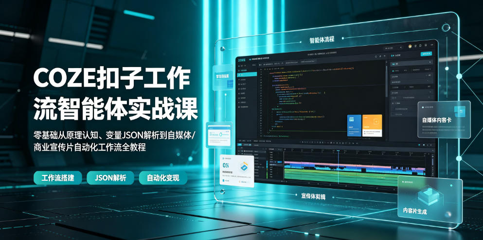 COZE扣子工作流智能体实战课｜零基础从原理认知、变量JSON解析到自媒体/商业宣传片自动化工作流全教程-选优云网创