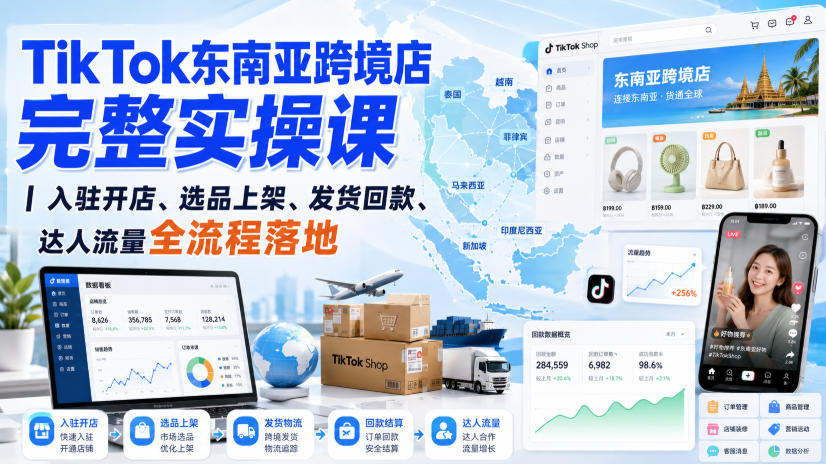 TikTok东南亚跨境店完整实操课｜入驻开店、选品上架、发货回款、达人流量全流程落地-选优云网创