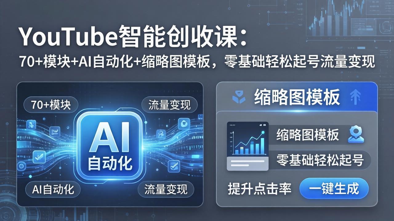 YouTube智能创收课：70+模块+AI自动化+缩略图模板，零基础轻松起号流量变现-选优云网创