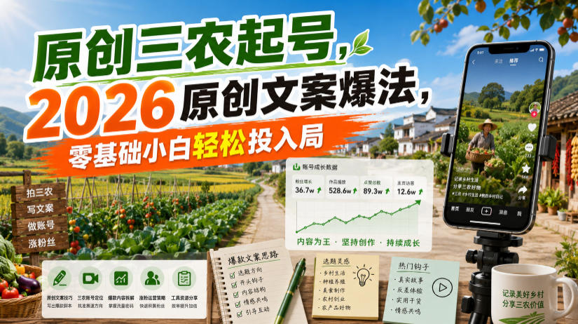 原创三农起号，2026原创文案爆法，零基础小白轻松投入局-选优云网创