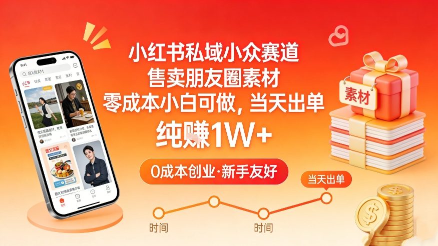小红书私域小众赛道，售卖朋友圈素材，零成本小白可做，当天出单，月入1W+-选优云网创