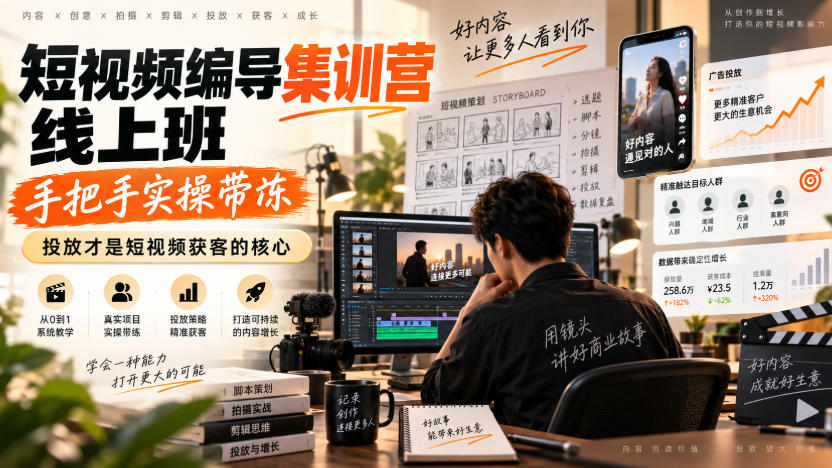 短视频编导集训营线上班，手把手实操带冻，投放才是短视频获客的核心-选优云网创