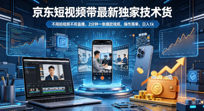 京东短视频带货最新独家技术，不用拍视频不用直播，2分钟一条爆款视频，操作简单，日入1k+【揭秘】-选优云网创