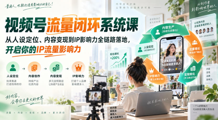 视频号流量闭环系统课，从人设定位、内容变现到IP影响力全链路落地，开启你的IP流量影响力-选优云网创