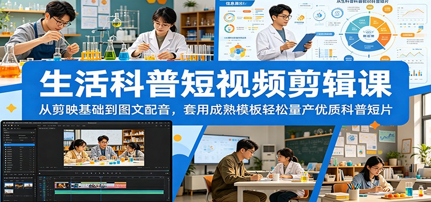 生活科普短视频剪辑课：从剪映基础到图文配音，套用成熟模板轻松量产优质科普短片-选优云网创