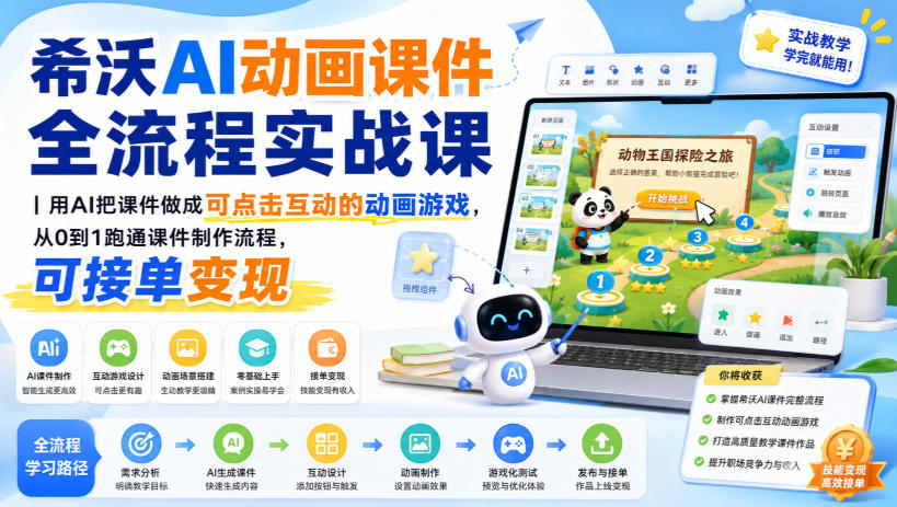 希沃AI动画课件全流程实战课｜用AI把课件做成可点击互动的动画游戏，从0到1跑通课件制作流程，可接单变现-选优云网创