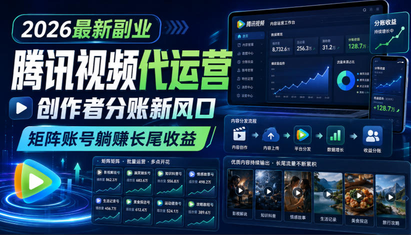 2026最新副业之腾讯视频代运营：创作者分账新风口，矩阵账号躺賺长尾收益【揭秘】-选优云网创