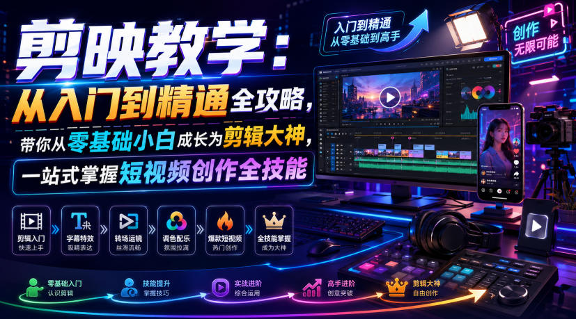剪映教学：从入门到精通全攻略，带你从零基础小白成长为剪辑大神，一站式掌握短视频创作全技能-选优云网创