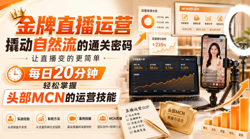 金牌直播运营撬动自然流的通关密码,让直播变的更简单,每日20分钟,轻松掌握头部MCN的运营技能-选优云网创