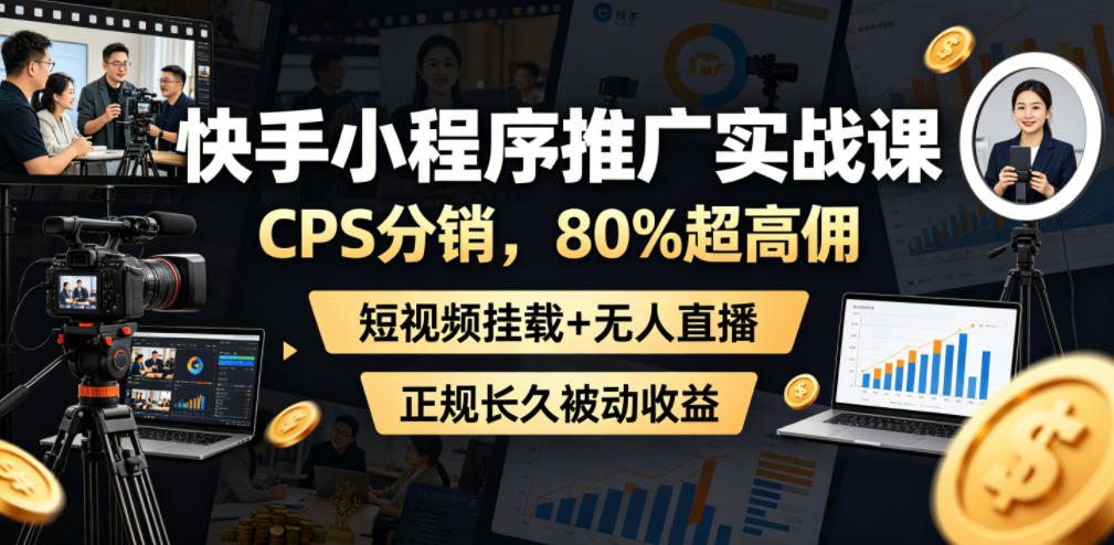快手小程序推广实战课，CPS分销，80%超高佣，短视频挂载+无人直播，正规长久被动收益-选优云网创