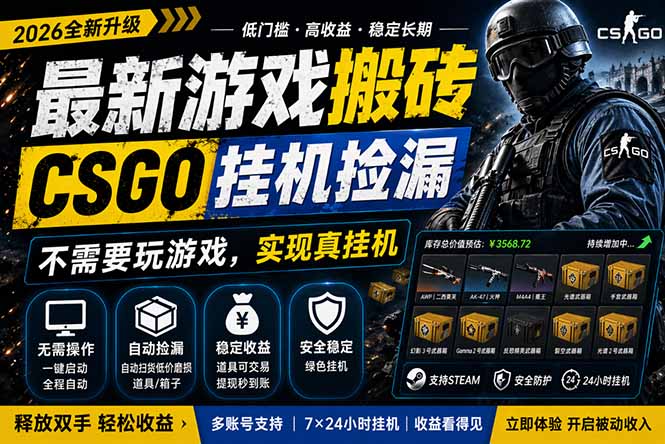 最新游戏搬砖，CSGO纯挂机，不需要玩游戏，实现真挂机，月入1W+，五一小高峰上车可吃肉，…-选优云网创