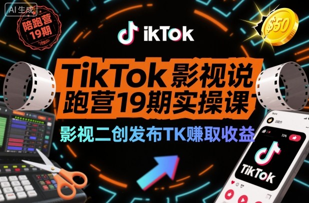 TikTok影视解说陪跑营19期实操课，影视二创发布TK賺取收益，万播收益50美金-选优云网创