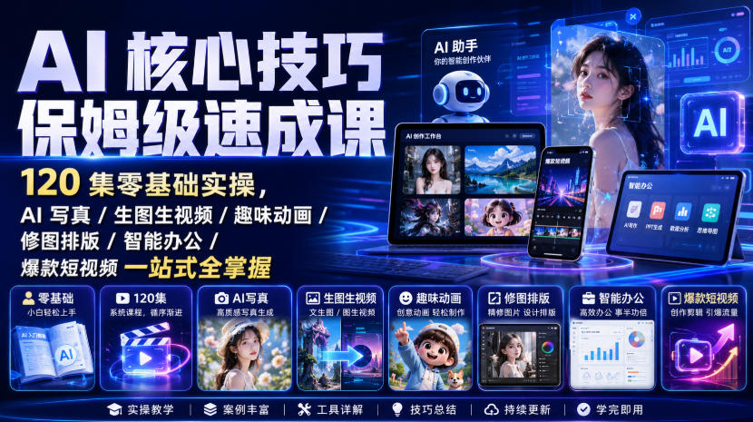AI核心技巧保姆级速成课｜120集零基础实操，AI写真/生图生视频/趣味动画/修图排版/智能办公/爆款短视频一站式全掌握-选优云网创