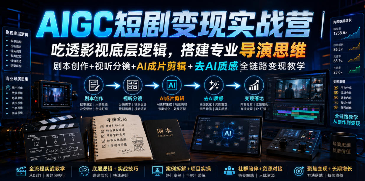 AIGC短剧变现实战营｜吃透影视底层逻辑，搭建专业导演思维，剧本创作+视听分镜+AI成片剪辑+去AI质感全链路变现教学-选优云网创
