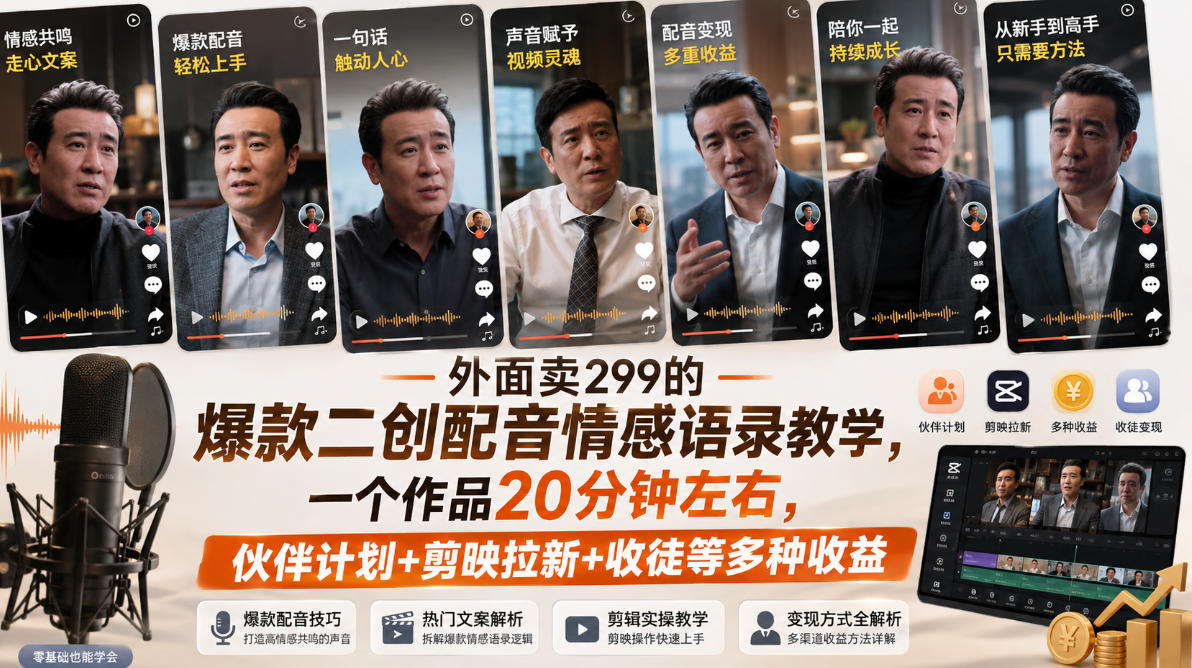 外面卖299的爆款二创配音情感语录教学，一个作品20分钟左右，伙伴计划+剪映拉新+收徒等多种收益（更新）-选优云网创