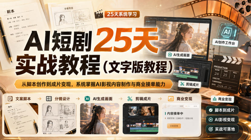 AI短剧25天实战教程（文字版教程），从脚本创作到成片变现，系统掌握AI影视内容制作与商业接单能力-选优云网创