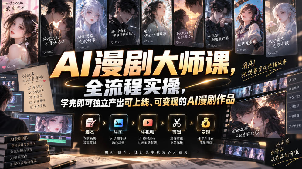 AI漫剧大师课，全流程实操，学完即可独立产出可上线、可变现的AI漫剧作品-选优云网创