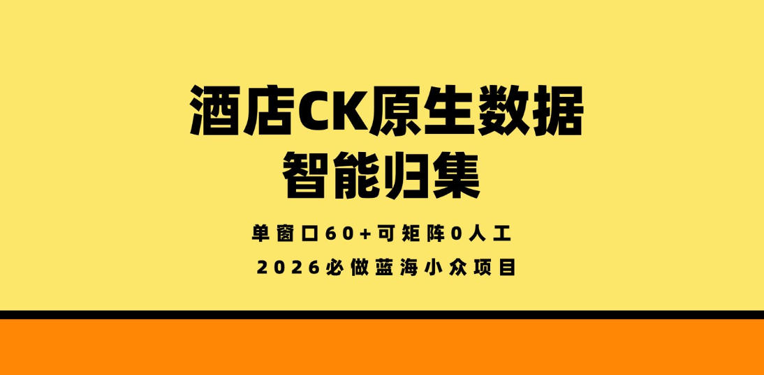酒店CK原生数据智能归集，单窗口60+可矩阵0人工，2026必做蓝海小众项目【揭秘】-选优云网创