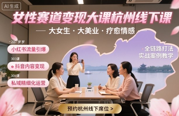 女性赛道变现大课杭州线下，大女生，大美业，疗愈情感，一套小红书、抖音、私域全链路打法-选优云网创