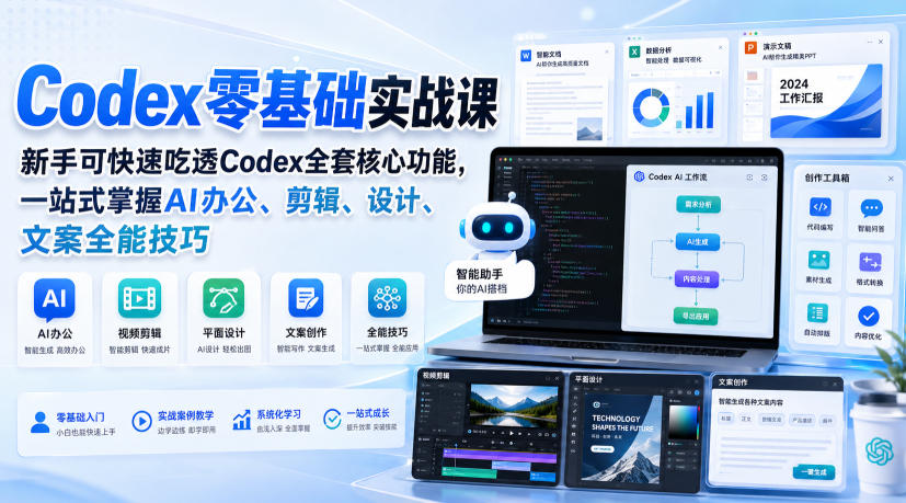 Codex零基础实战课，新手可快速吃透Codex全套核心功能，一站式掌握AI办公、剪辑、设计、文案全能技巧-选优云网创