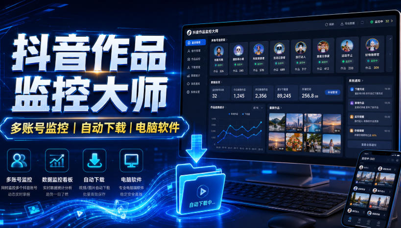 抖音作品监控大师，多账号监控丨自动下载丨电脑软件-选优云网创